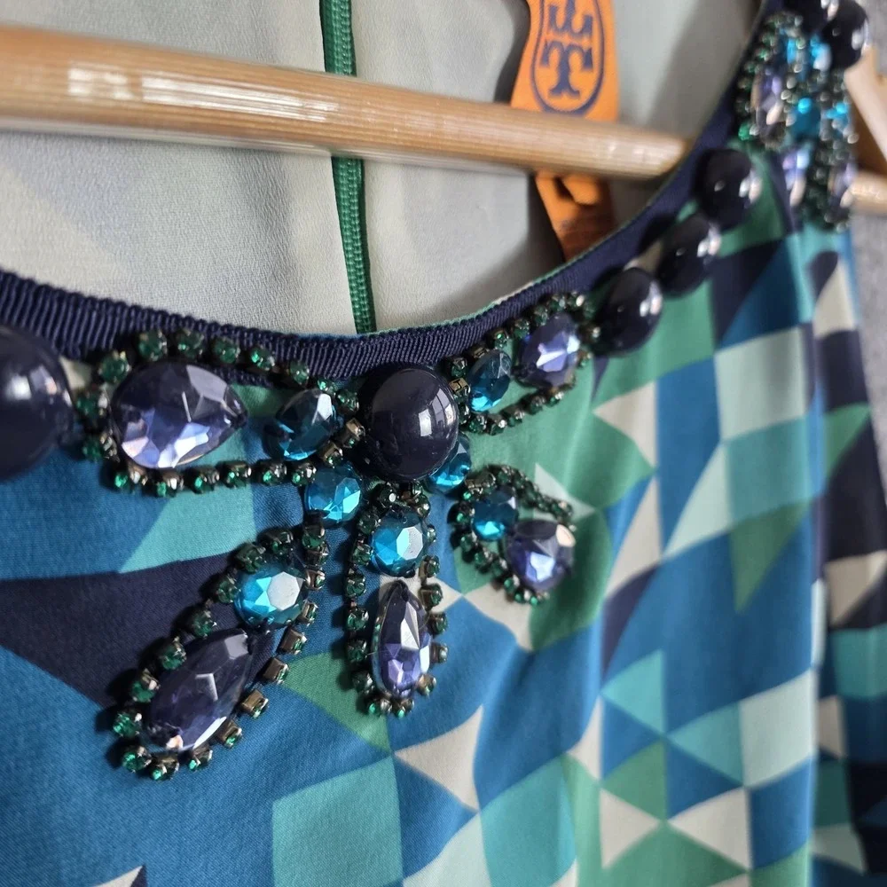 Tory‎ Burch Silk Tank Top 4 Blue Green Geometric Beaded Jewel Sparkle Rhinestone
